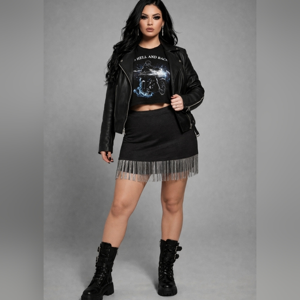 Silver Dagger Black Fringe Skirt Women’s‎ M- XL Moto Grunge Chain Detail Mini